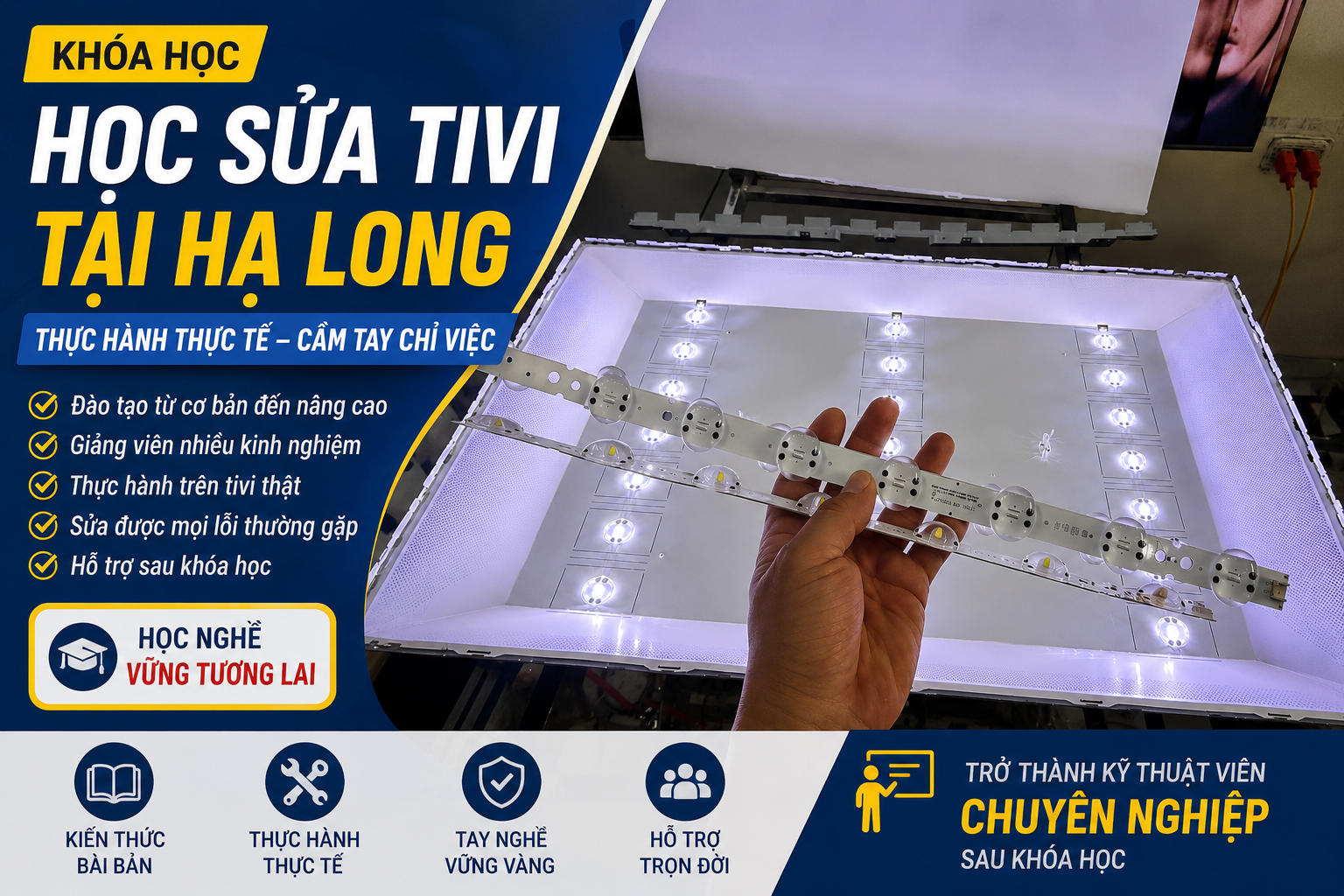 Hình ảnh học viên thực hành thay LED Backlight trên tivi trong khóa học sửa tivi Hạ Long. Chương trình đào tạo tập trung vào thực hành trực tiếp trên tivi thật, hướng dẫn kiểm tra bo nguồn, Mainboard, T-Con, đèn nền LED và xử lý các lỗi thường gặp trên Smart TV. Khóa học phù hợp cho người mới bắt đầu, thợ điện lạnh muốn nâng cao tay nghề hoặc những ai có nhu cầu mở cửa hàng sửa chữa tivi.
