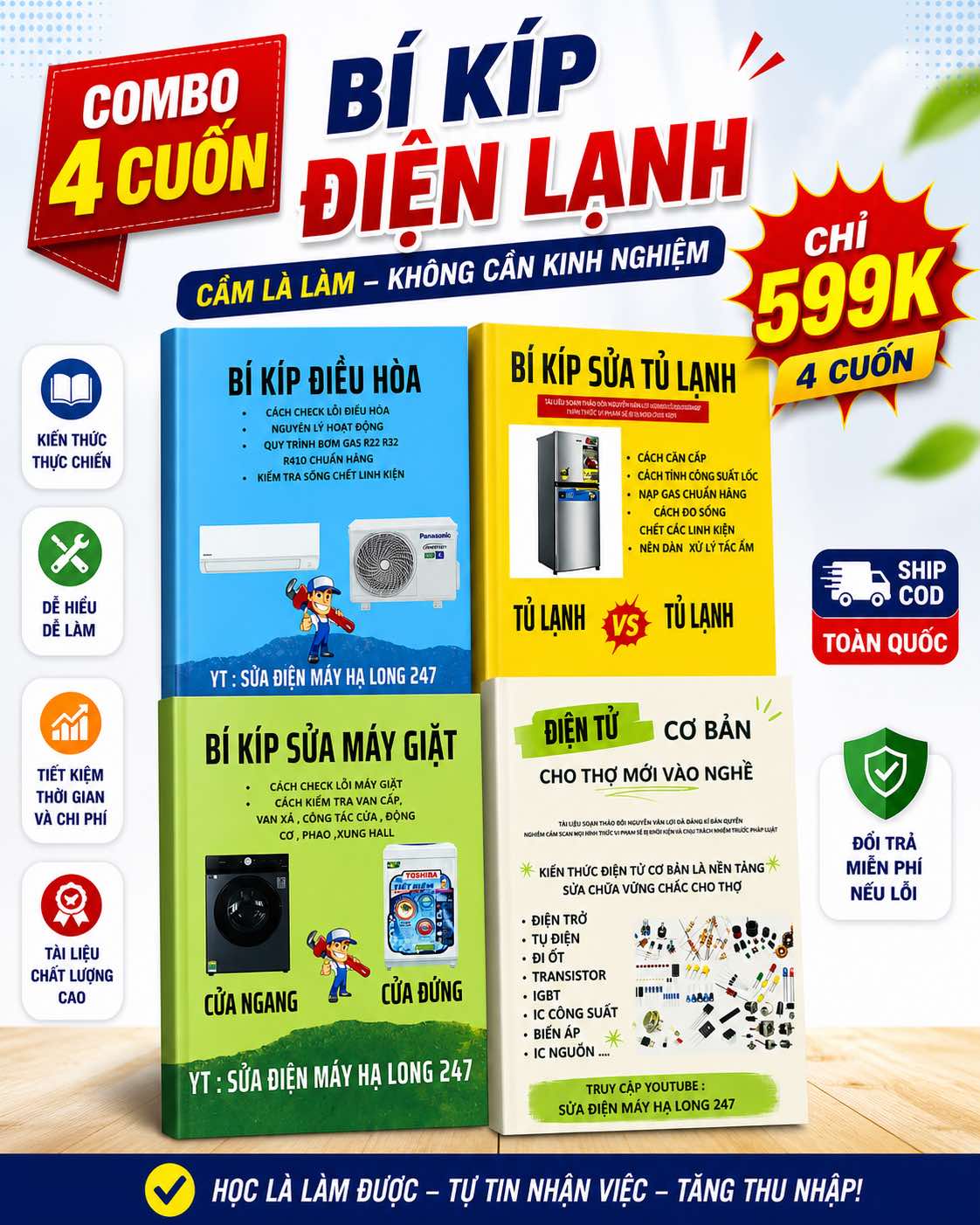 Combo 4 cuốn Bí Kíp Điện Lạnh gồm sửa điều hòa, tủ lạnh, máy giặt và điện tử cơ bản
